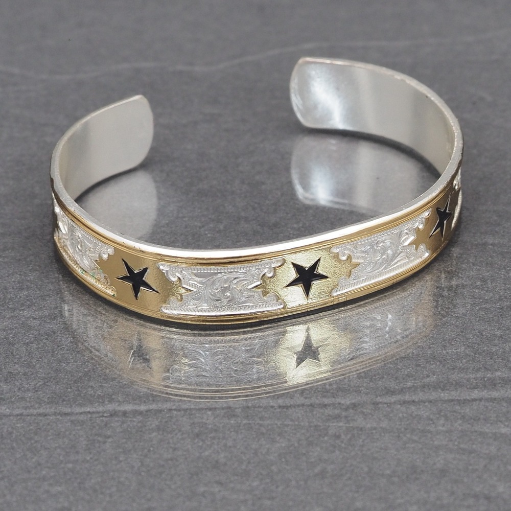 Montana Silversmiths Cuff Bracelet Silver Gold Two Tone Black Star Inlay Western